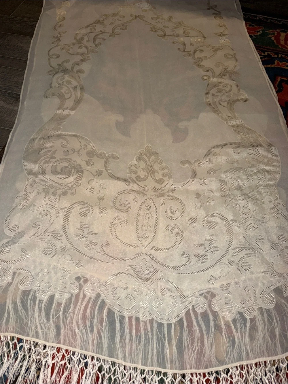 Vtg Ralph Lauren Ivory Silk Blend Embroidered Monogram Fringe Shawl Scarf Wrap